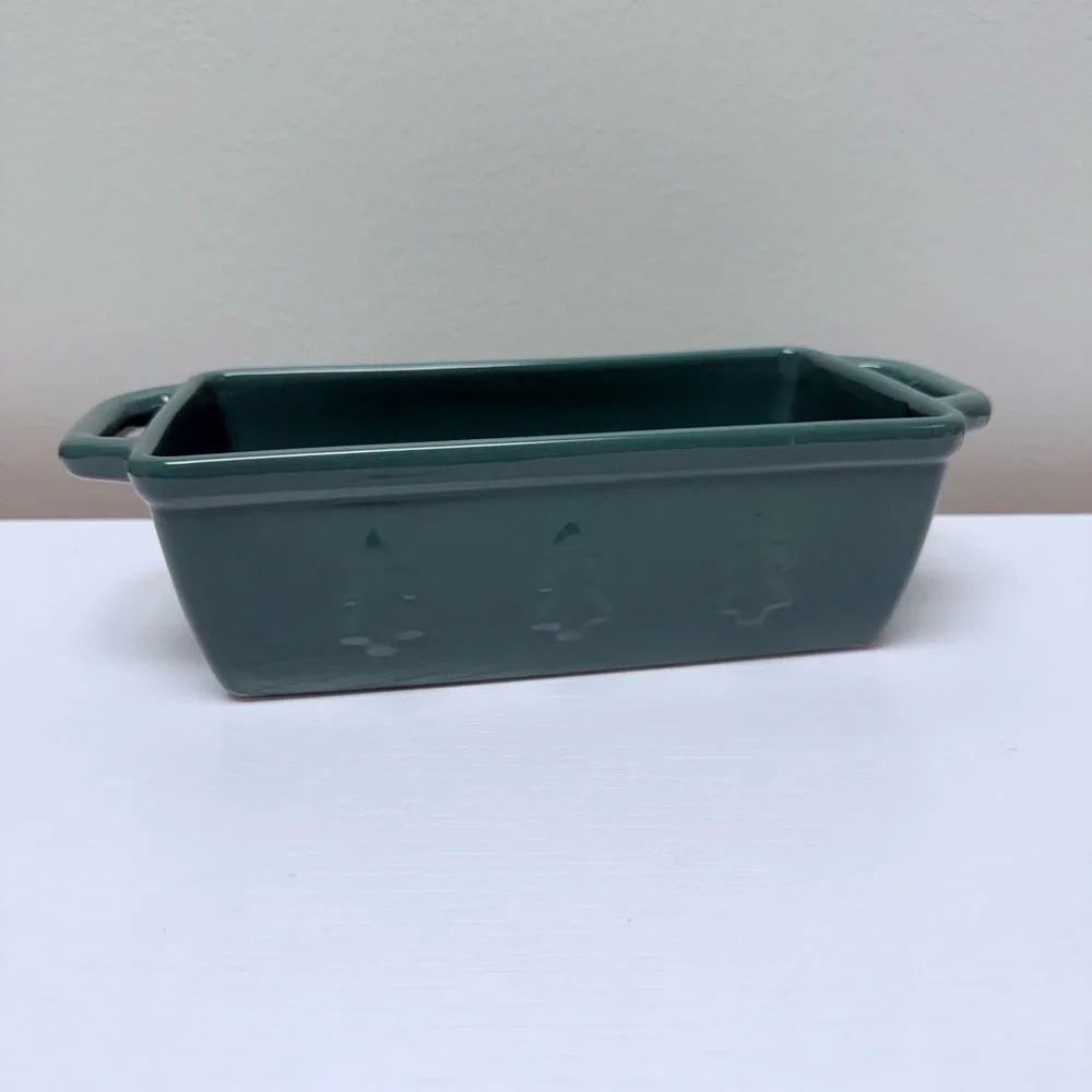 New! Green Holiday Bread Loaf Pan w/ Christmas Trees on sides Target Bullseye
